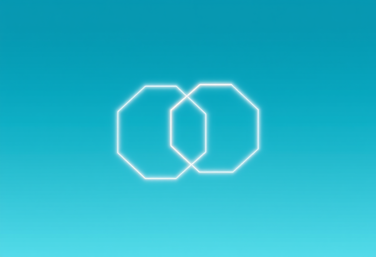 Soft glowing geometric shapes mirror perfectly across a vertical axis against a serene blue and white gradient background.