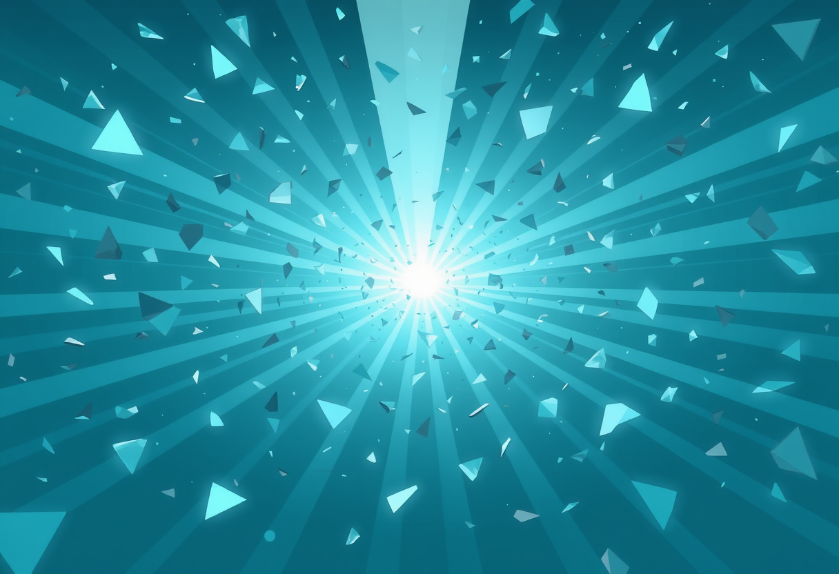 Ethereal light beams pierce a chaotic void of floating geometric shards to reveal a central glowing path toward structural harmony.