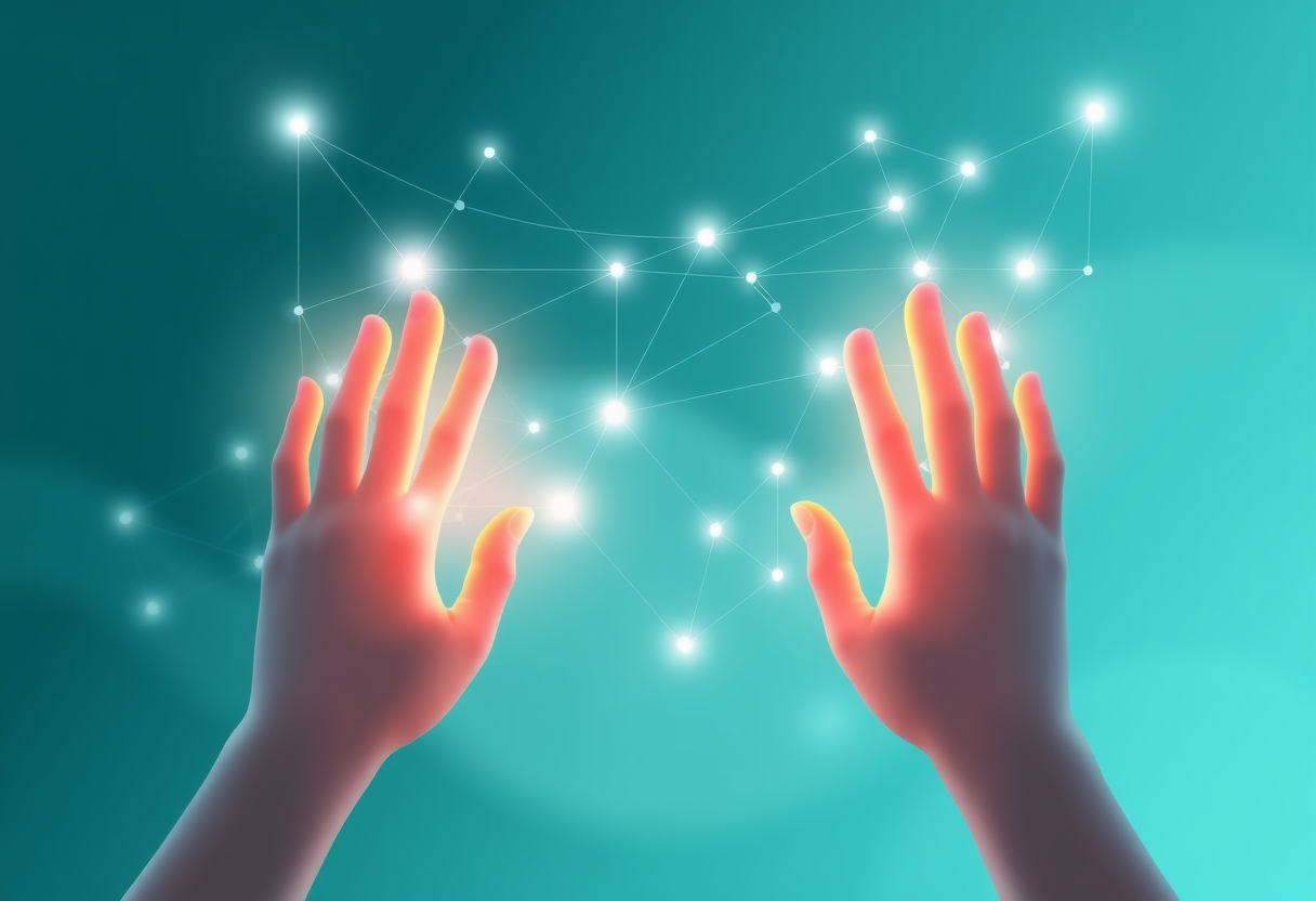 Soft glowing geometric networks with abstract hands guiding luminous paths of logic.