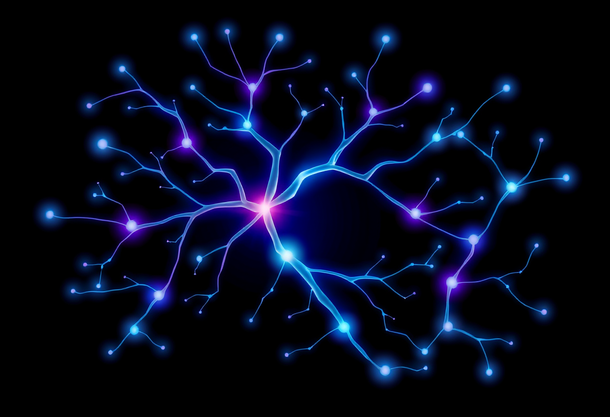 Vibrant blue and purple neural networks intertwine like abstract branches, symbolizing sharp focus and mental agility.
