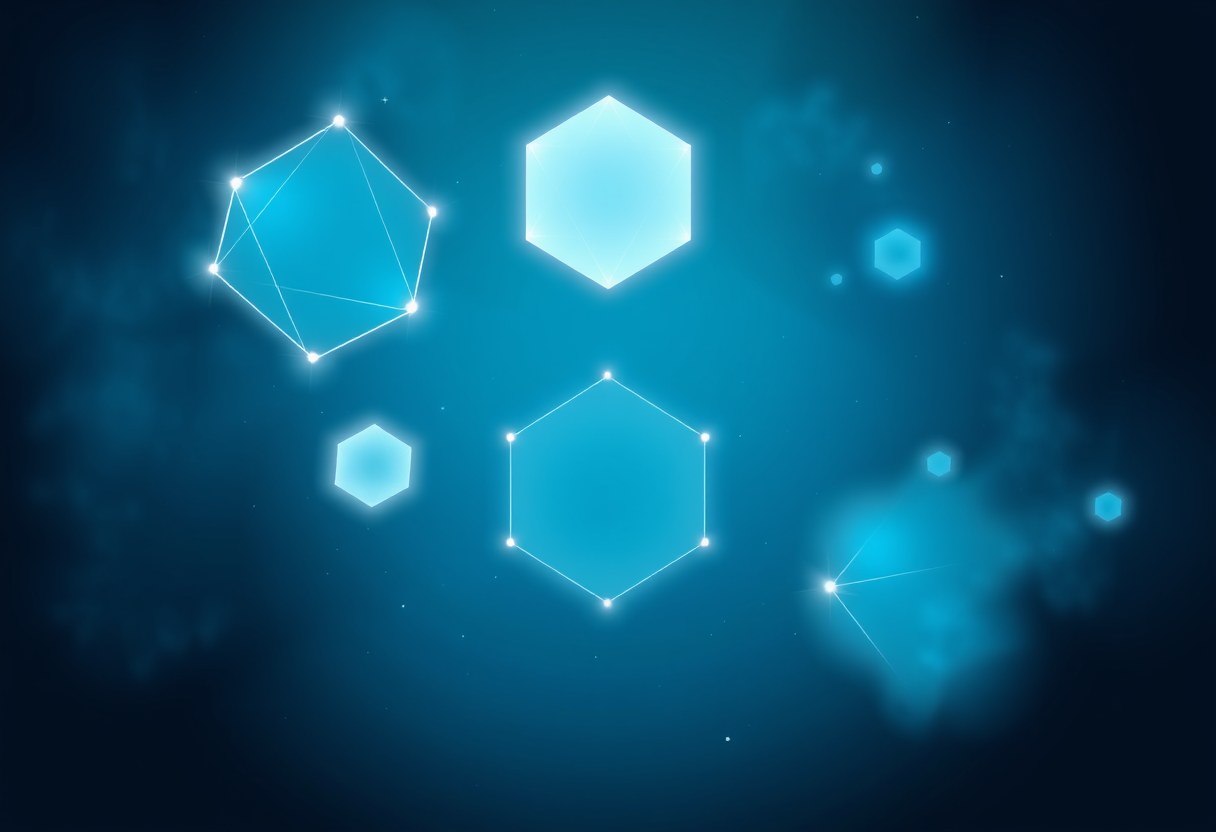 Soft glowing geometric shapes float in a deep blue nebula representing quantum superposition and ethereal light patterns.
