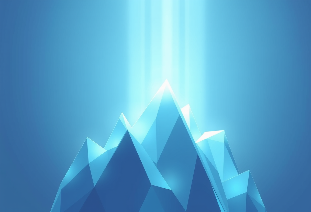 Soft glowing light streams rise through translucent geometric shards of an abstract formscape.
