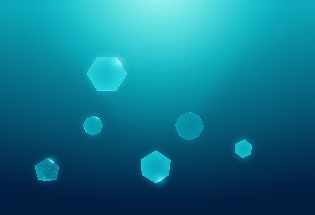 Soft glowing geometric shapes in an indigo void reveal hidden intricate internal networks emerging from the darkness.