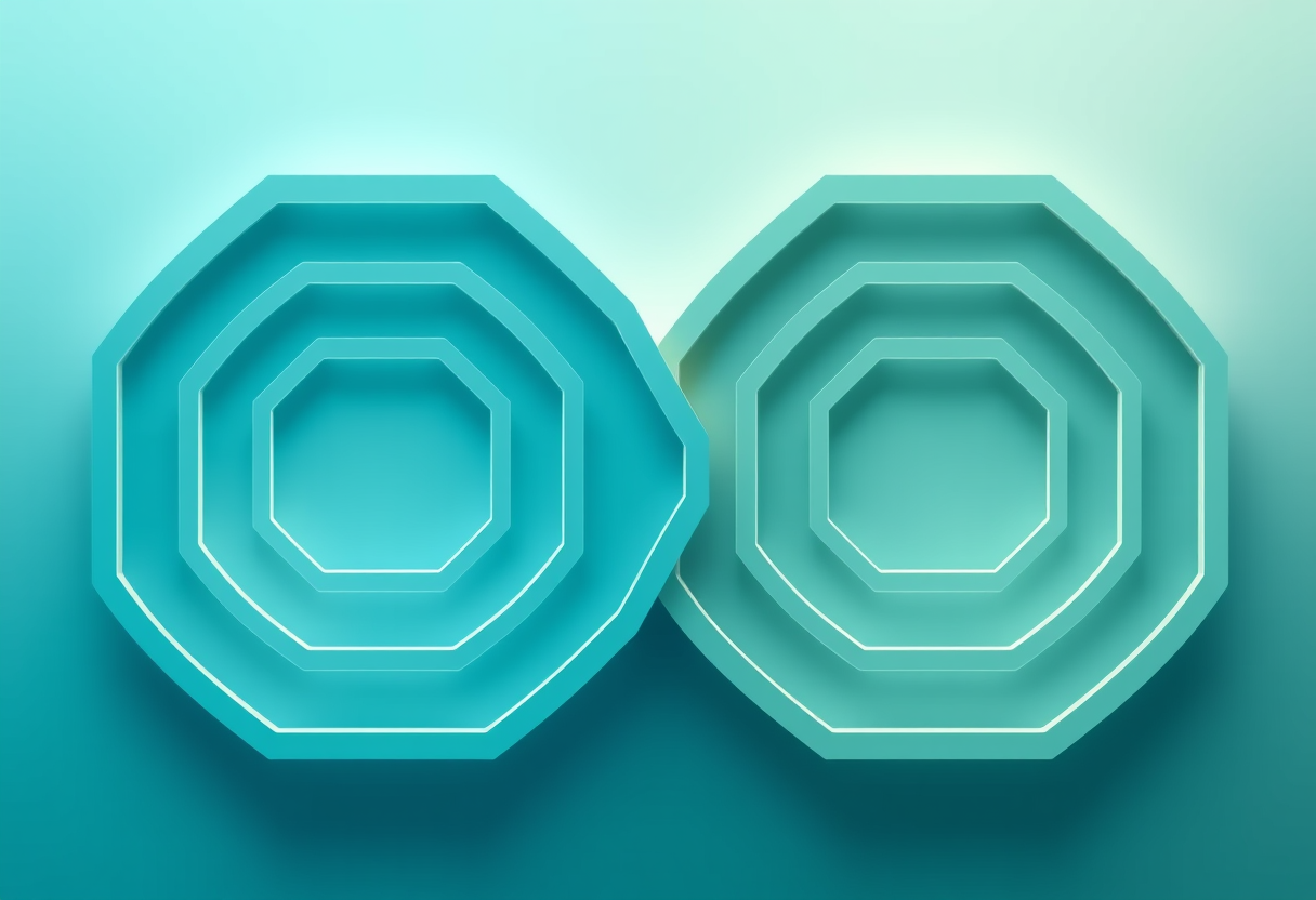 Two elegant interlocking geometric mazes diverge with soft glowing gradients.