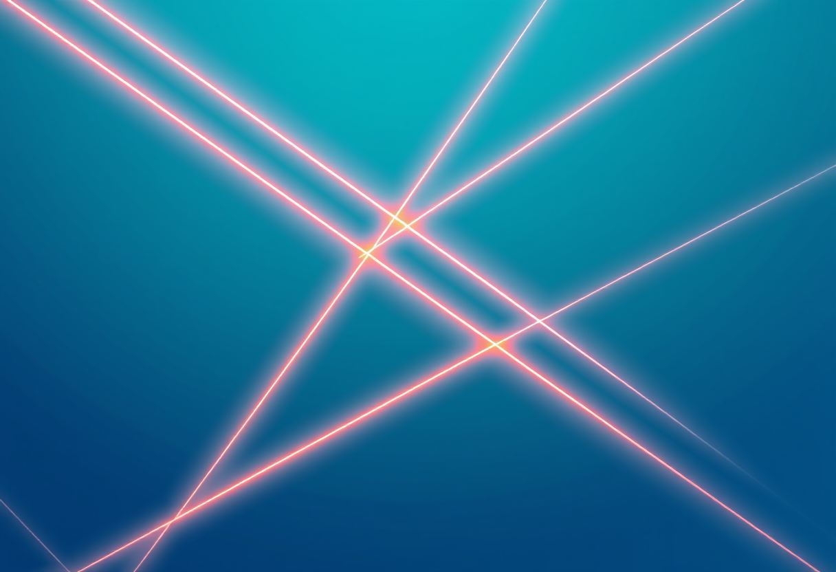 Elegant abstract diagonal lines intersect with soft neon glows on a deep gradient background symbolizing complex connections and swift logical flow.