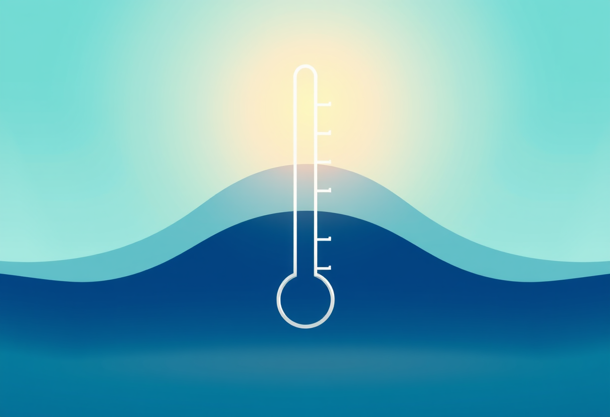 Ethereal thermometer-shaped beams of light curve through an abstract gradient symbolizing logical warmth.