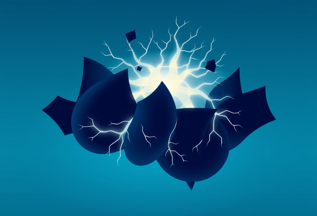 Neural pathways fracturing into dark shapes showing mental fatigue on a fading blue gradient background