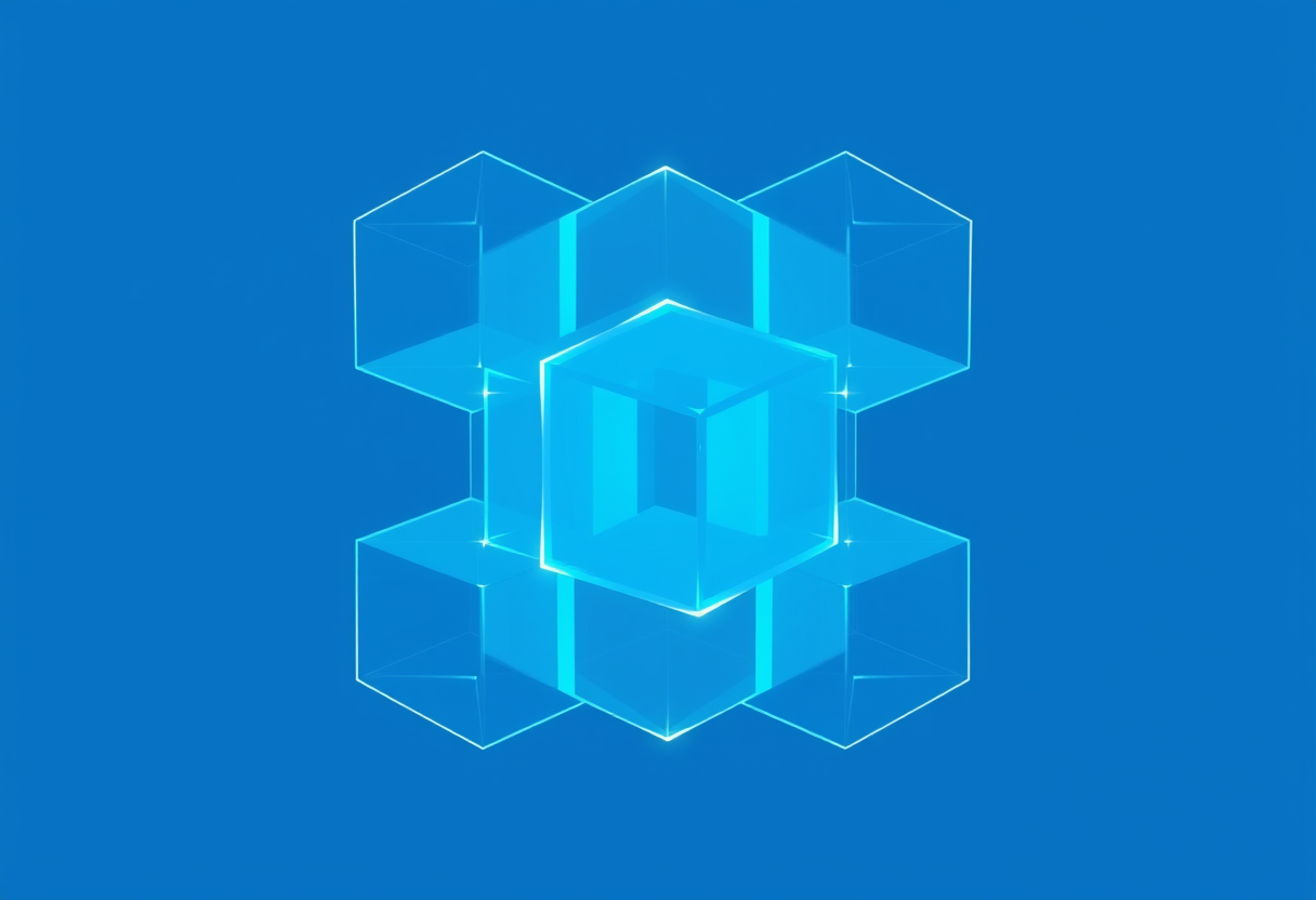 Interlocking translucent cubes glow in soft blue gradients forming a complex symmetrical structure symbolizing analytical depth and interconnected logic
