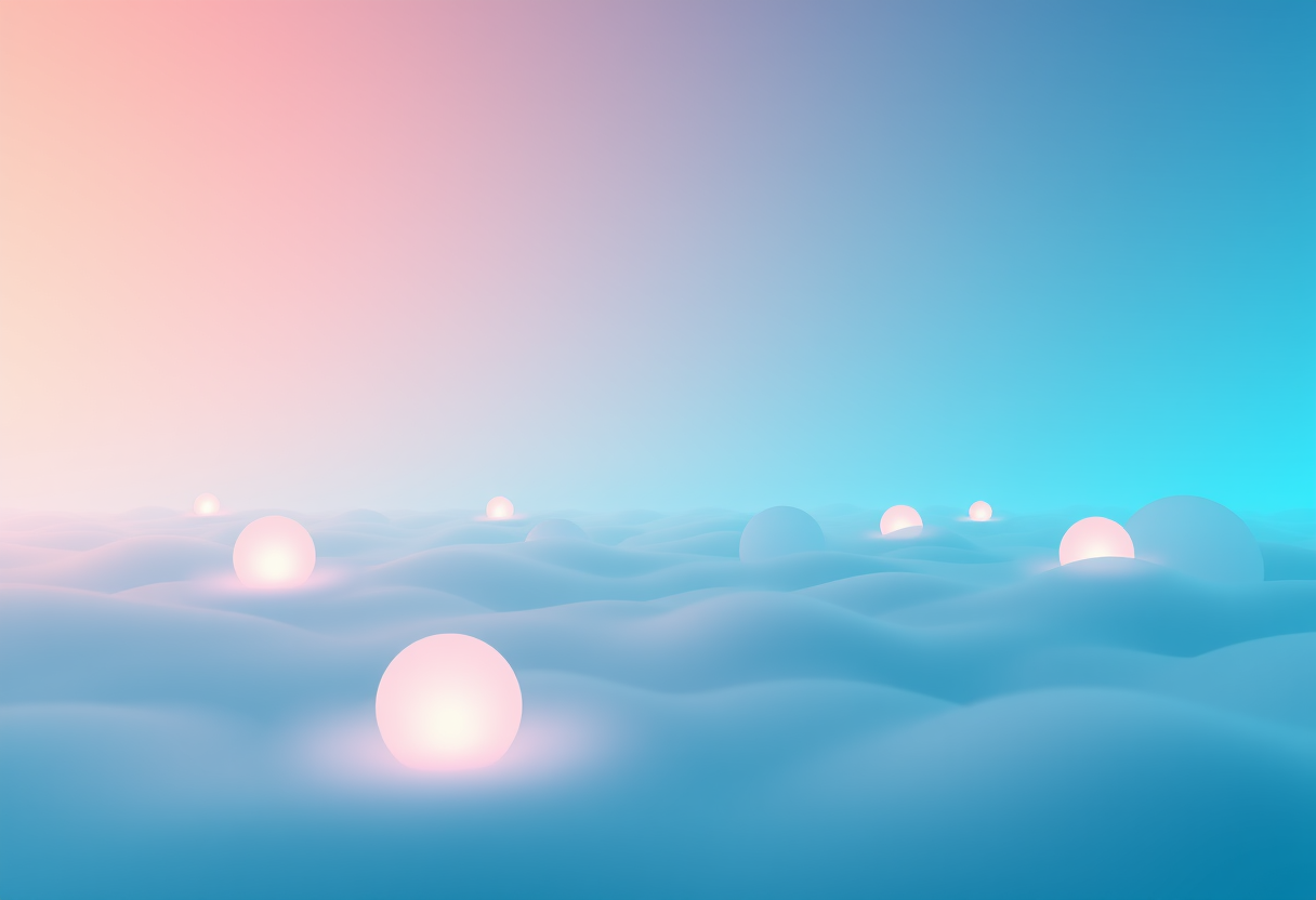 Soft glowing geometric spheres and transparent sound waves drift through a serene gradient sky symbolizing focused calm