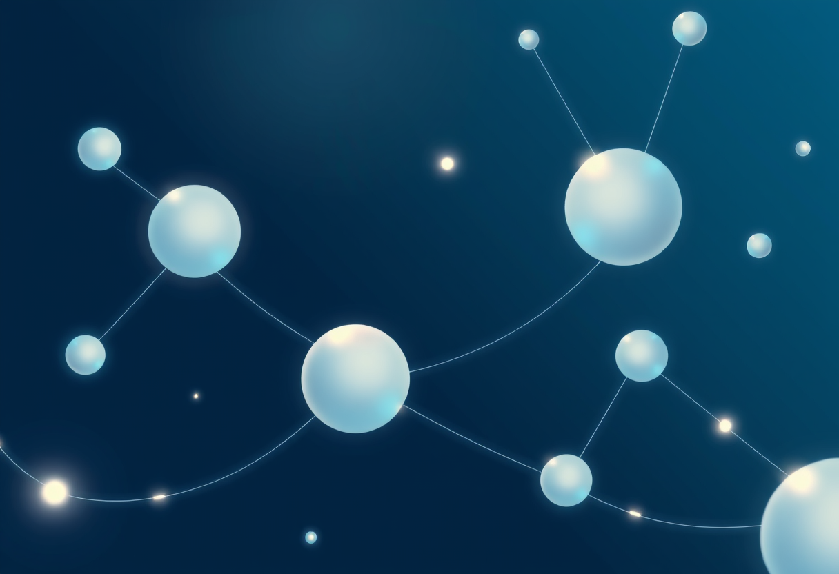 Soft glowing orbs connect in indigo space representing seamless digital harmony and efficient energy flow.