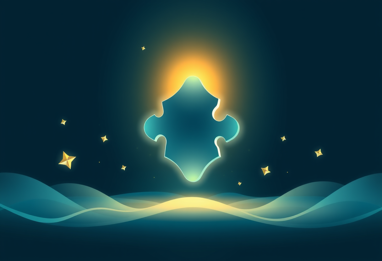 A glowing geometric puzzle piece transforms into radiant golden treasure with floating symbols of growth.