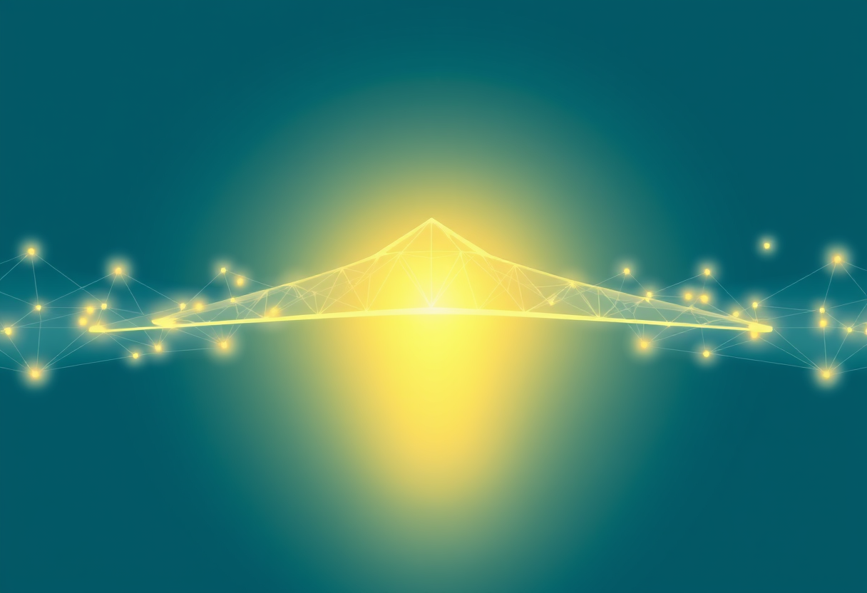 Glowing blue and gold nodes flow together like a river, connecting communities through collaboration.