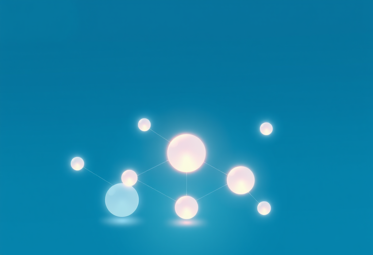 Soft glowing geometric spheres connect with luminous lines symbolizing logic and clarity.