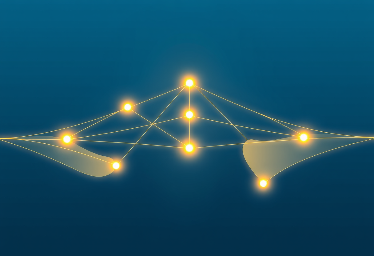 Abstract geometric shapes dance with glowing golden lines on blue, symbolizing sequence constraints.