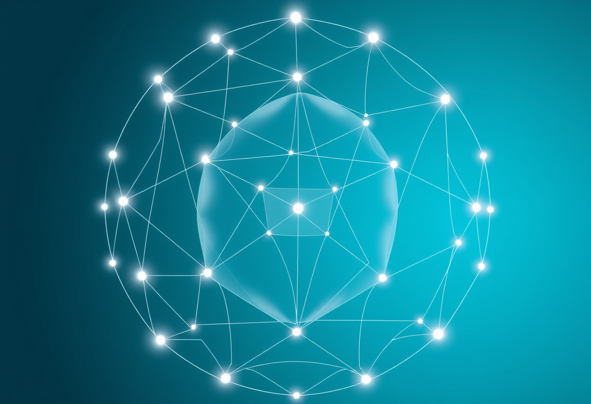 Glowing abstract web of light formed by interlocking translucent geometric spheres representing complex logical constraints.
