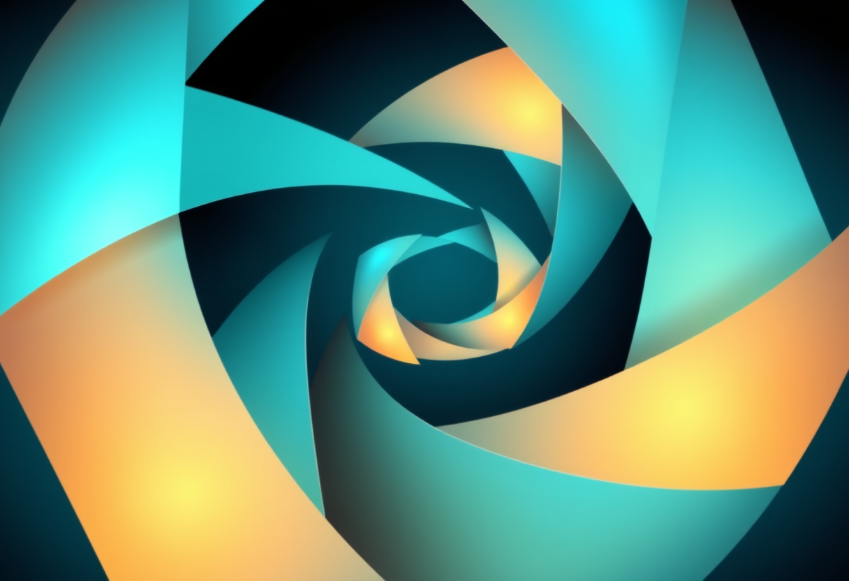 Soft glowing geometric shards form a spiral with warm amber and cool blue gradients.
