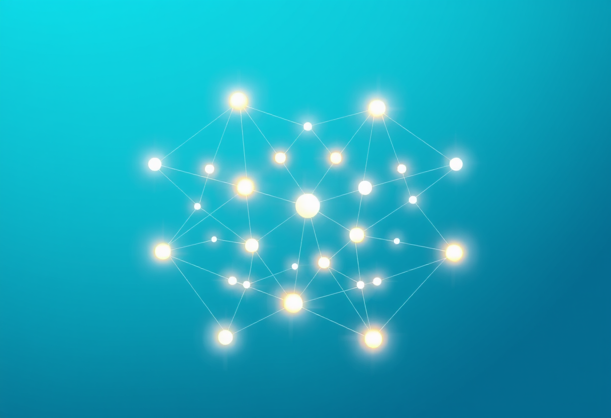 Vibrant neural network of glowing geometric nodes on blue gradient symbolizing collaborative intellectual growth
