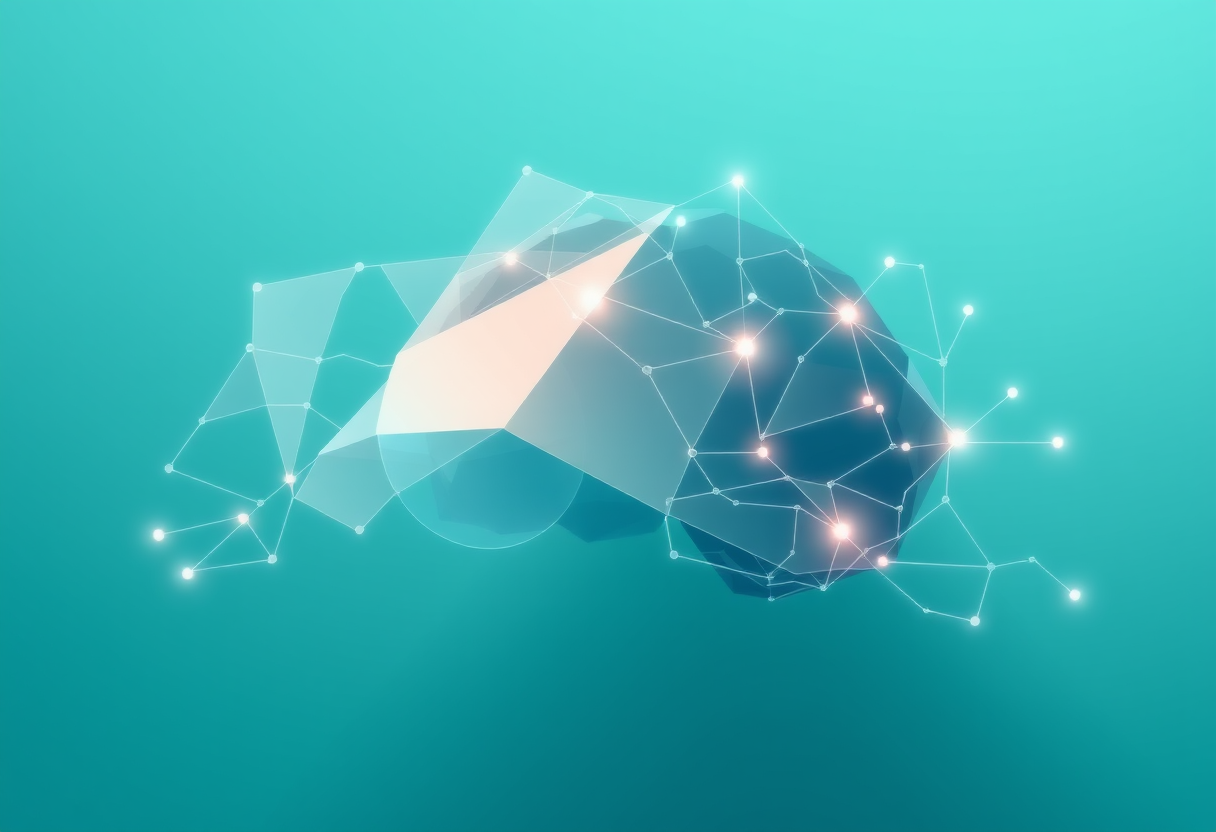 Ethereal geometric shapes merging with glowing neural pathways for cognitive focus