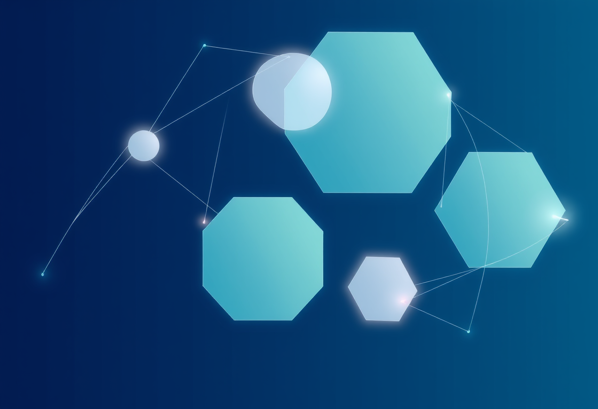 Soft glowing geometric shapes merging against an indigo background symbolize interconnected logic in global mind puzzles.