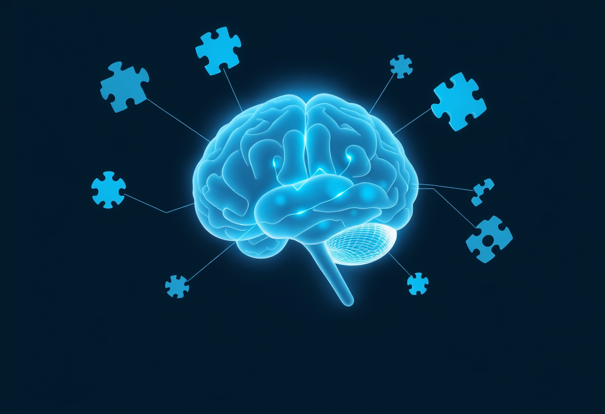 Translucent brain glowing with neural pathways connecting to floating geometric puzzles against a dark background.