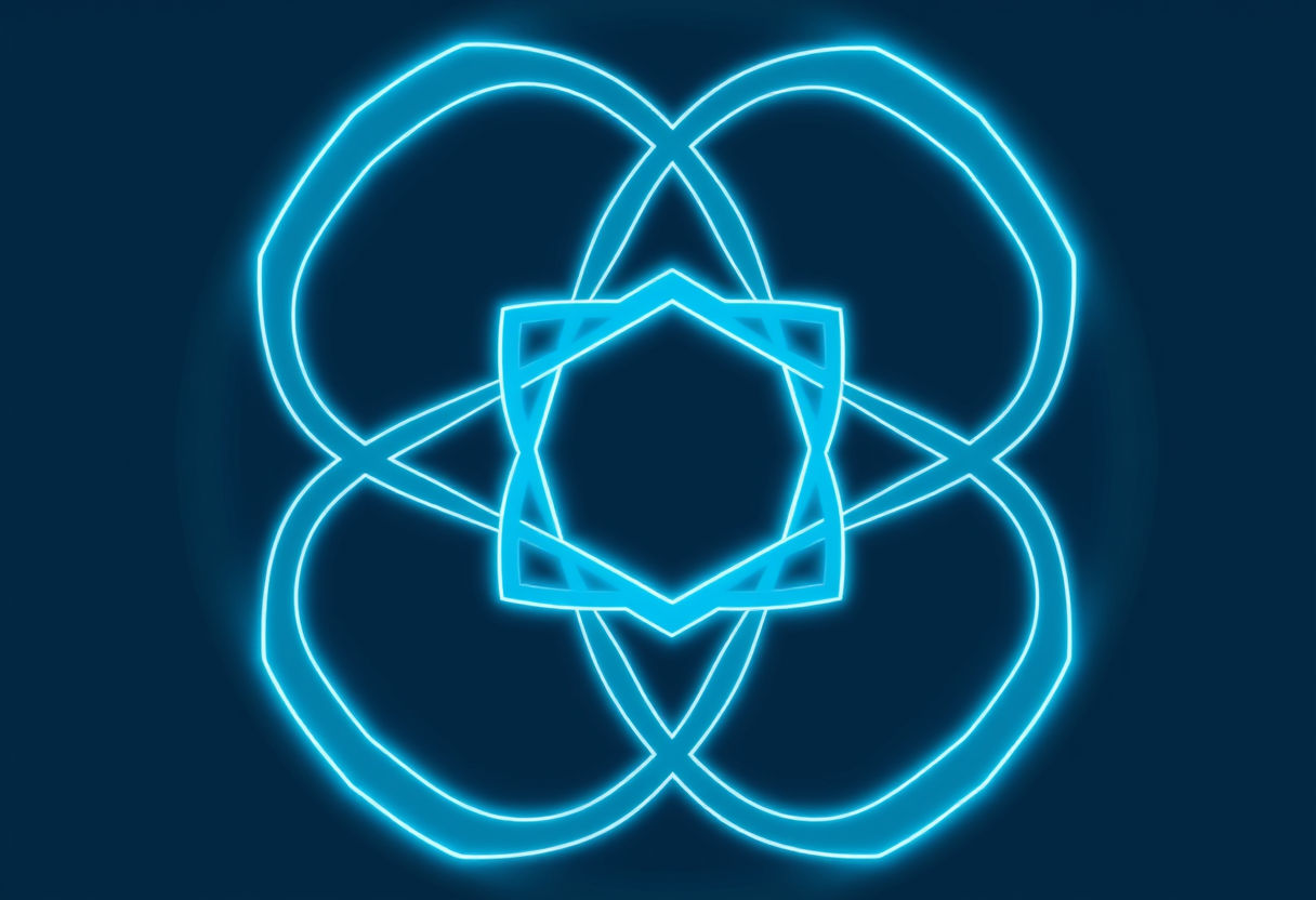Interlocking abstract geometric shapes in cool blue and white suggest hidden cryptographic encryption patterns.