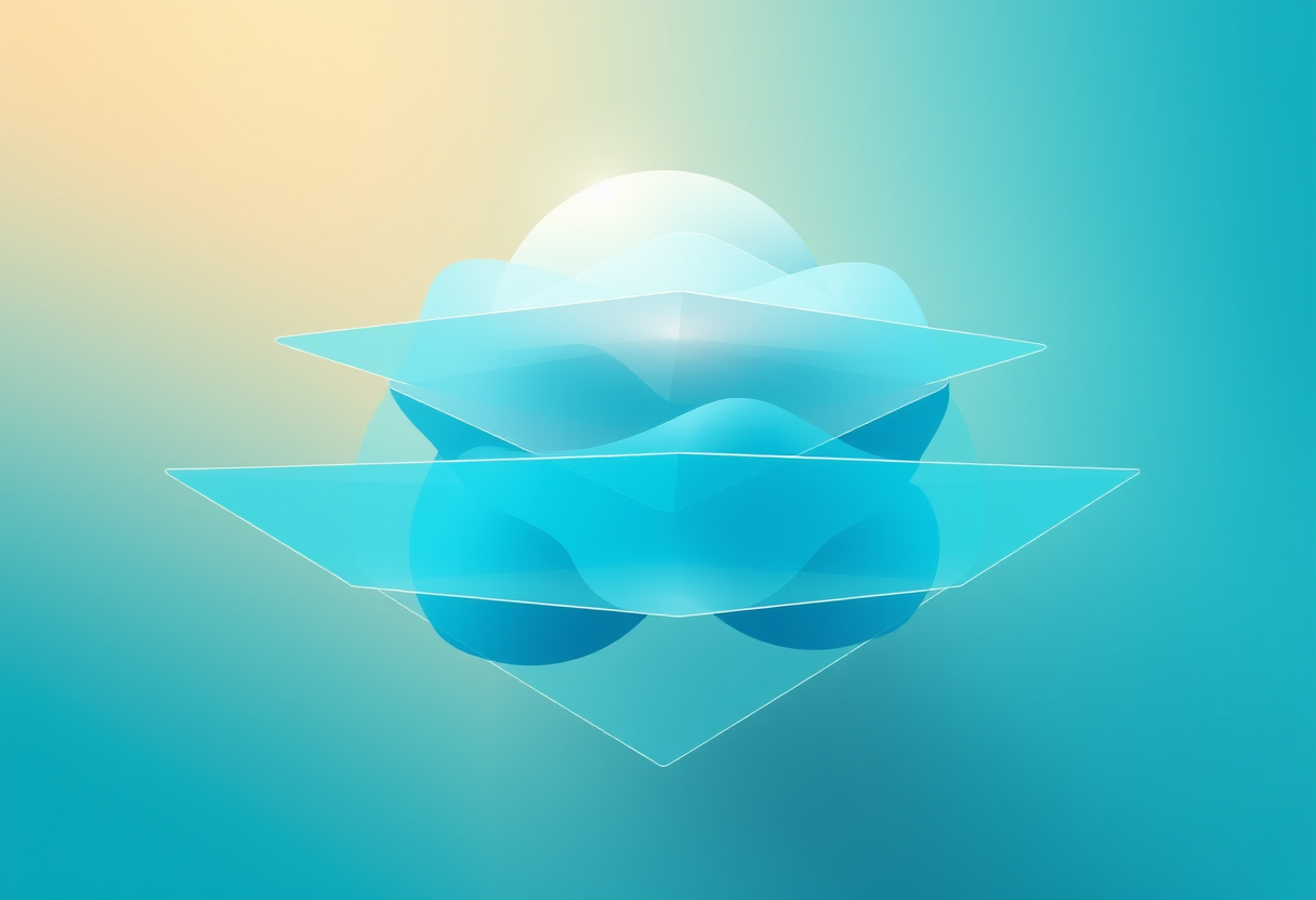 Translucent geometric planes float in blue and amber gradients to symbolize portable puzzles and mental clarity during travel.