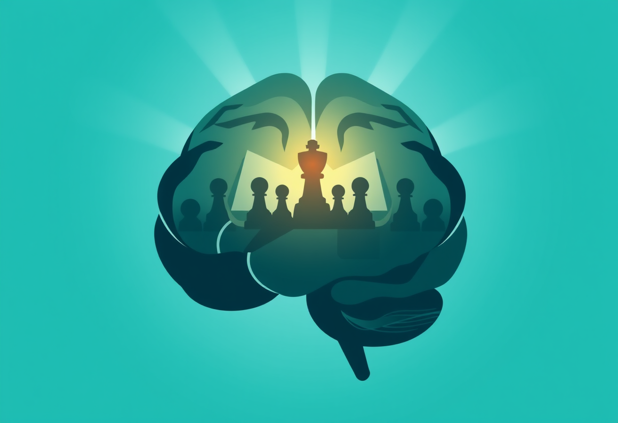 Radiant brain silhouette formed by intersecting geometric shapes blending chess and sudoku elements in a logical abstract composition