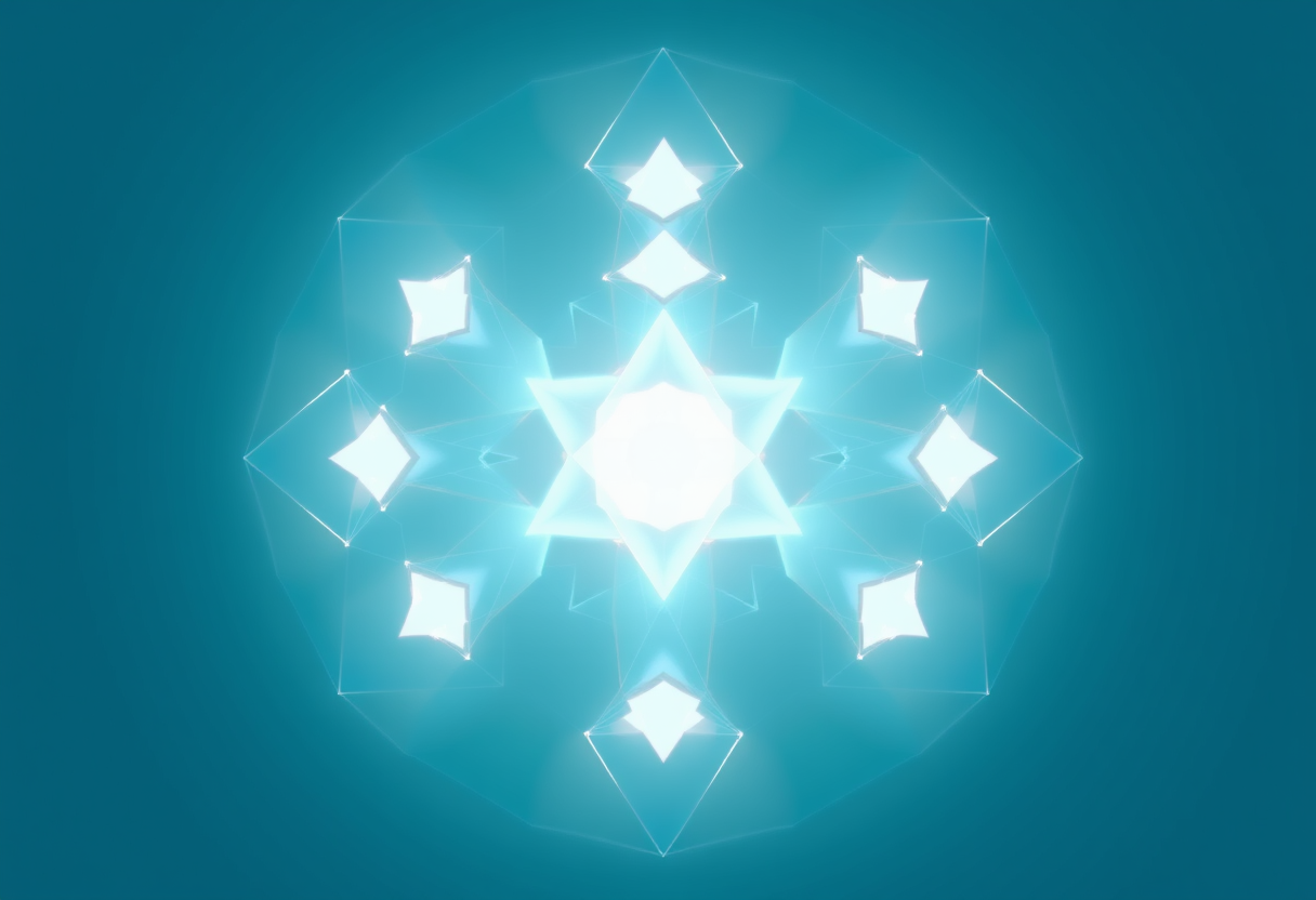 Soft glowing geometric clusters form a unified pattern symbolizing holistic visual perception beyond linear constraints.