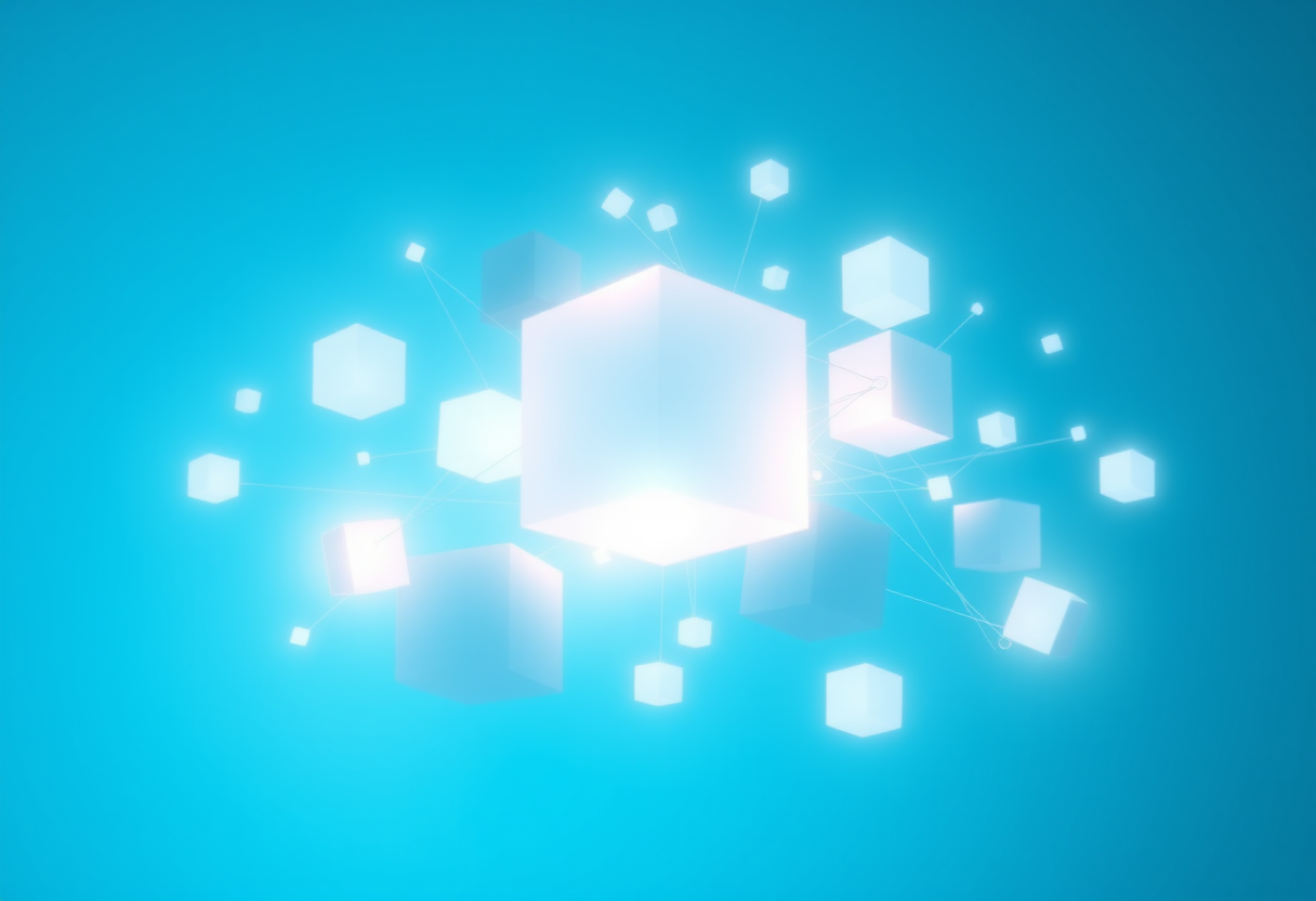 Soft geometric cubes merge into a glowing neural network symbolizing mental clarity and resilience on a calming blue background.
