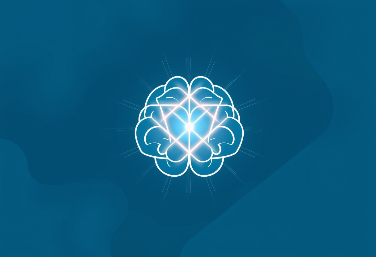 Symmetrical brain silhouette of glowing light rays and geometric shapes on blue background.