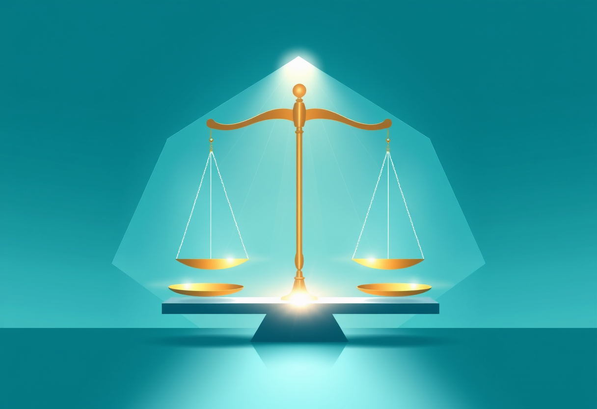 Geometric shapes flowing into a scale of justice with soft light rays symbolizing fairness.