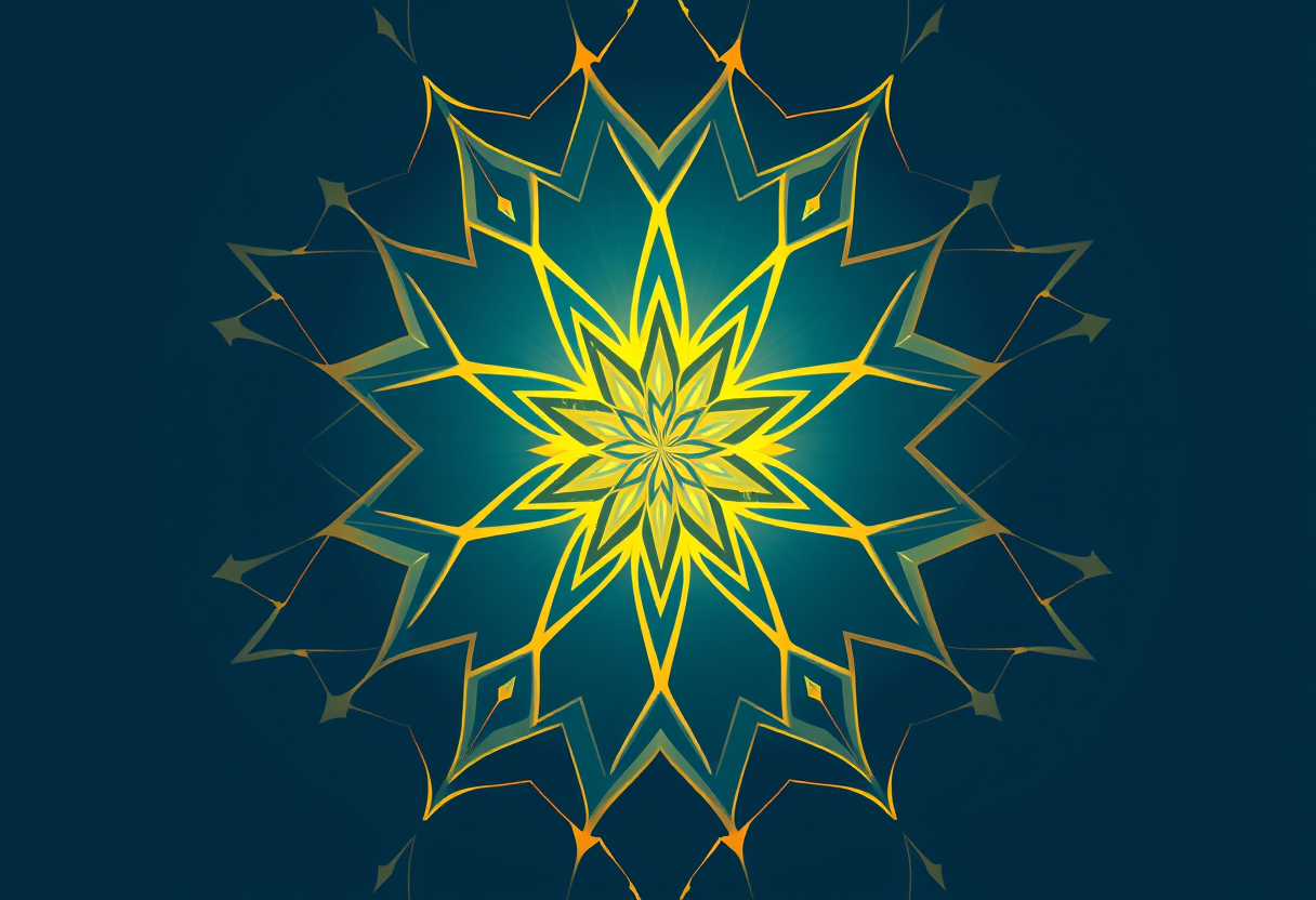 Soft geometric stars weave through warm gold in deep blue void evoking traditional Islamic mosaic art