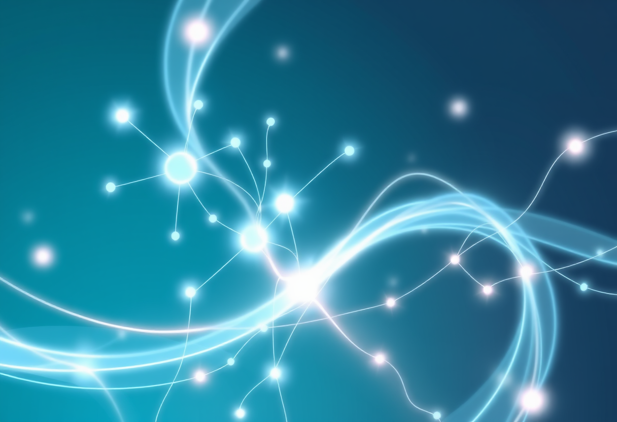 Soft glowing neural networks intertwine with light ribbons symbolizing brain plasticity and enhanced cognitive sharpness through harmonious geometry.