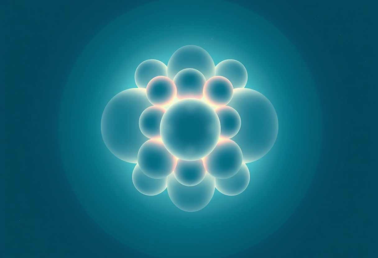 Soft glowing geometric spheres cluster in a cosmic void, symbolizing mathematical harmony.