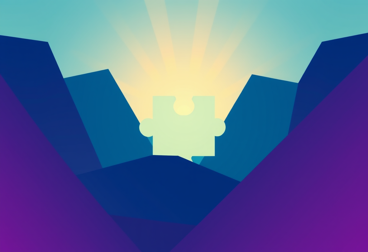 Soft blue purple shapes form an abstract puzzle silhouette illuminated by warm golden light rays.