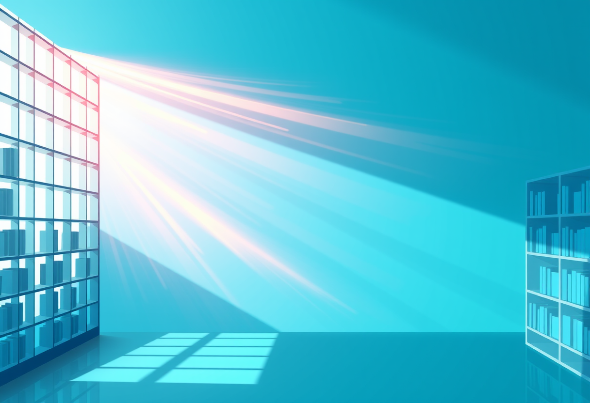 Soft geometric grids merge into vibrant abstract light streams symbolizing creativity and logic in a modern library.