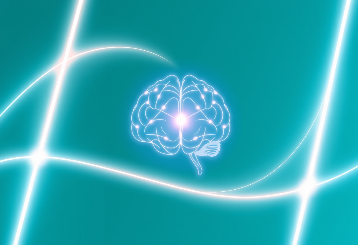 Soft geometric lines converge into a glowing brain, symbolizing logic and optimization in harmony.