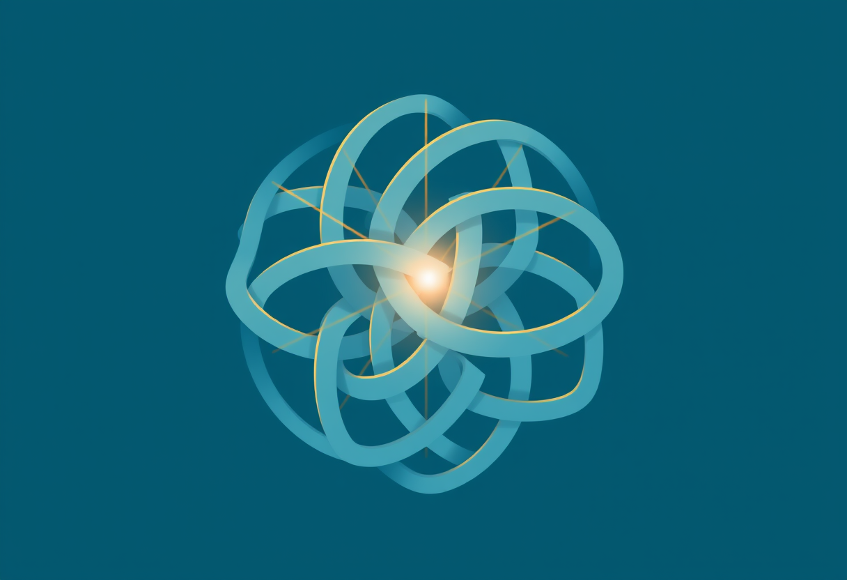 Interlocking geometric shapes form a knot on a deep blue background with radiant golden light symbolizing strategic clarity.