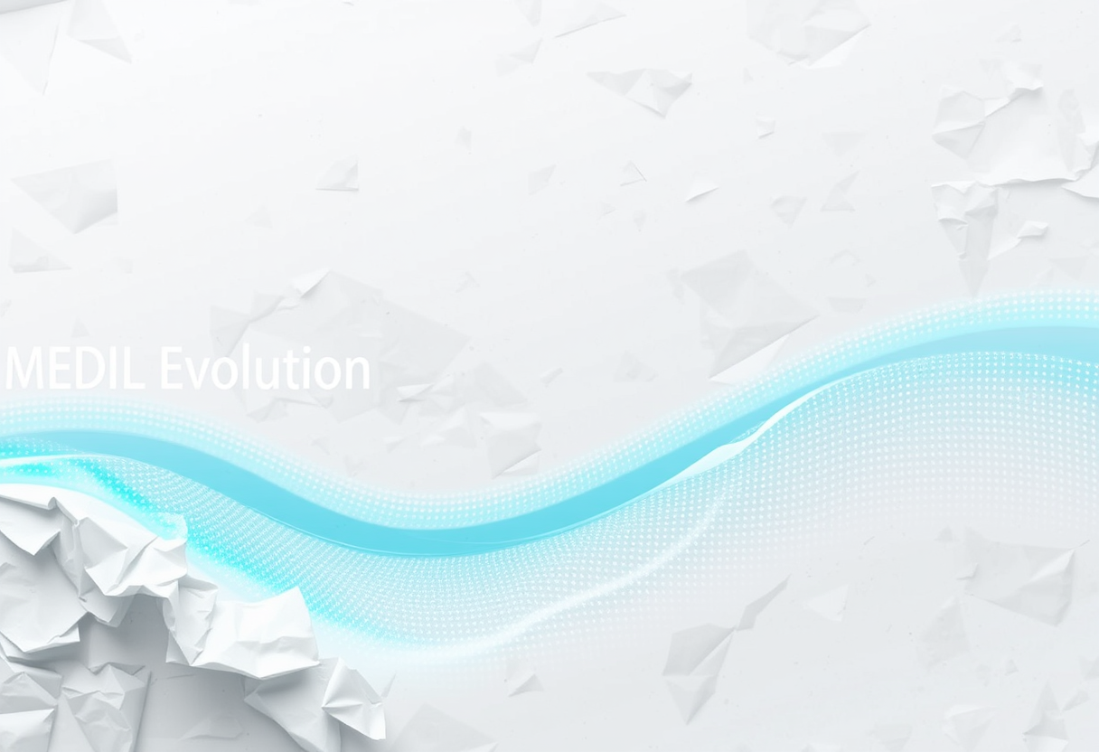 Crumpled paper textures dissolve into luminous pixels and light waves symbolizing media evolution.