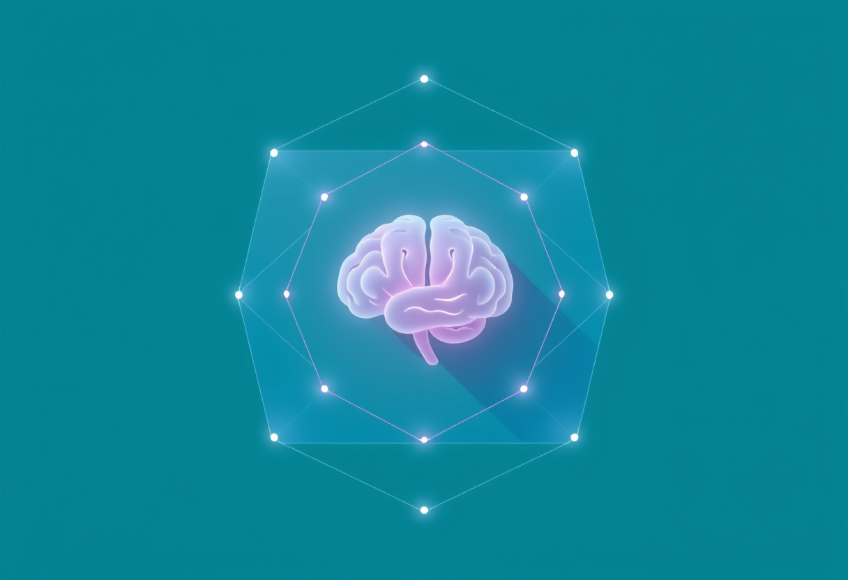 Soft geometric shapes merge with a brain silhouette to show logical learning and automation synergy.