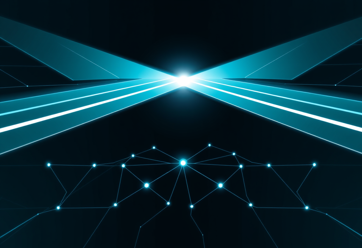 Intersecting light beams form a glowing neural network web symbolizing complex digital logic.