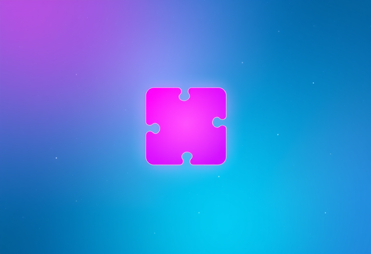 Soft glowing geometric puzzle pieces float in a vibrant cosmic teal and magenta gradient background symbolizing unity connection and creativity.