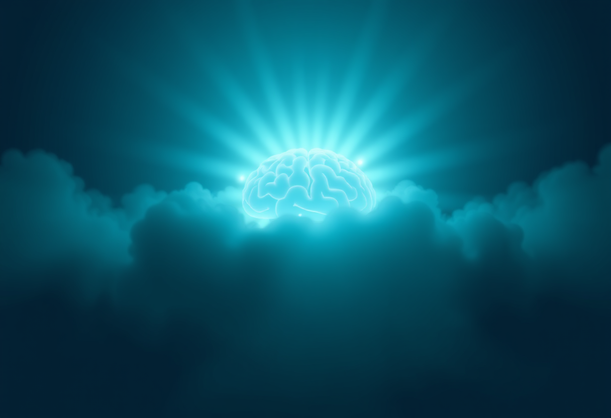 Soft light pierces dark fog to illuminate a glowing brain silhouette symbolizing clarity and reduced cognitive load.