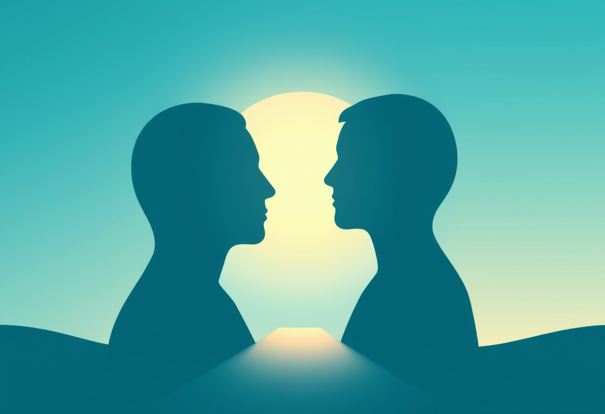Gentle light guides two silhouettes on a path with glowing gradients representing logical reasoning.