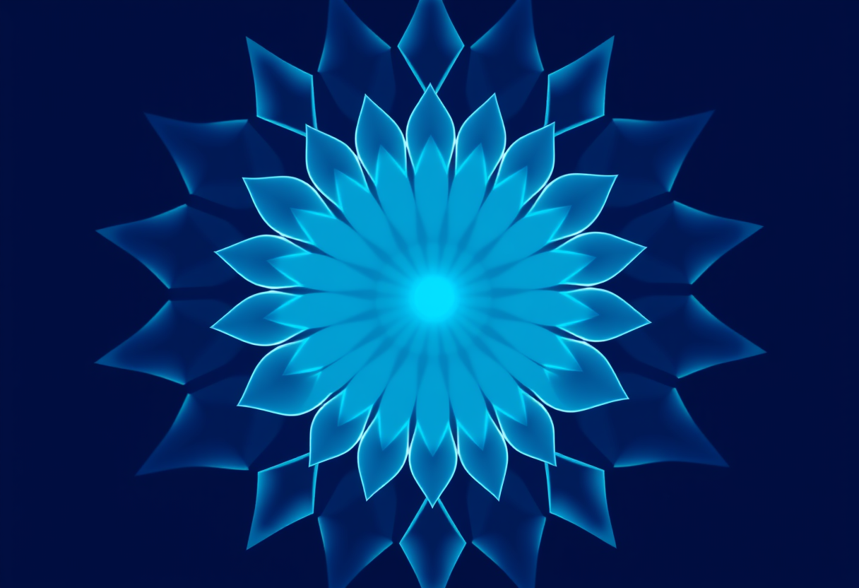 Soft glowing radial geometric petals form a serene abstract mandala against deep indigo space.