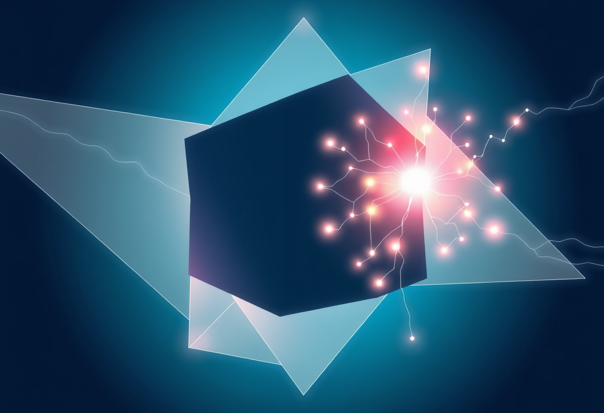 Silent geometric shapes intersect glowing neural networks to transform logic into vibrant narrative light.
