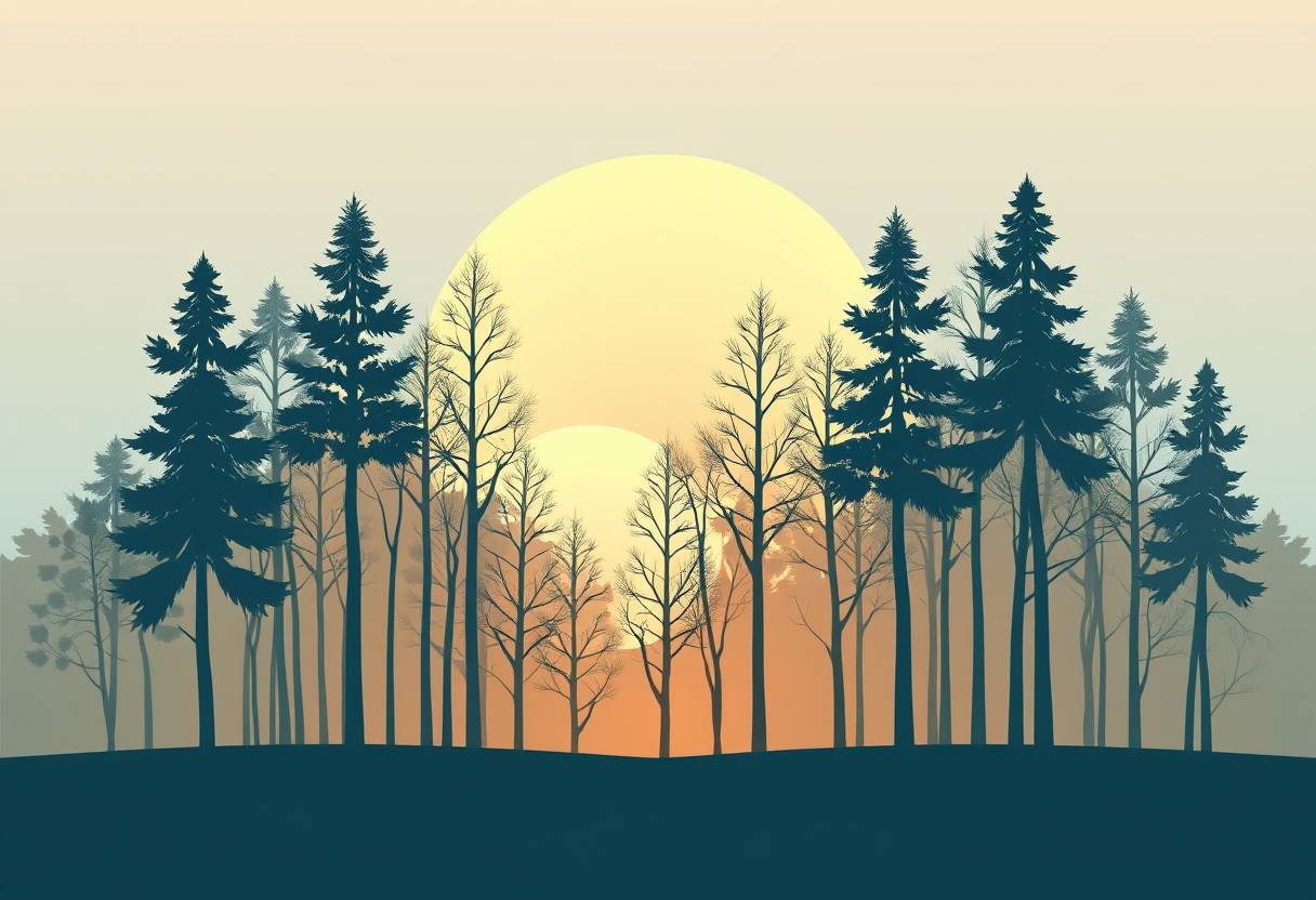 Glowing geometric shapes rise from an abstract forest symbolizing gentle logical growth and natural intelligence.