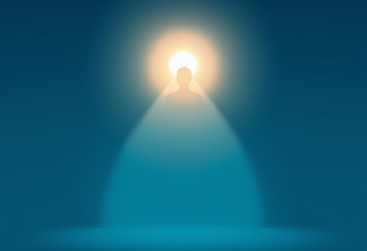 Relaxed silhouette glowing with soft light representing mental clarity against deep blue gradient background