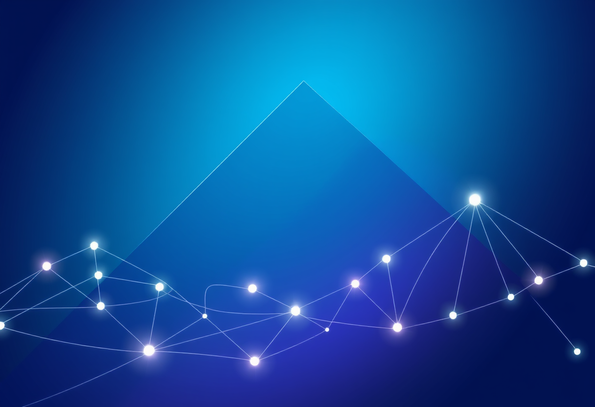 Soft glowing geometric shapes morph into interconnected digital lines on a deep blue purple gradient.