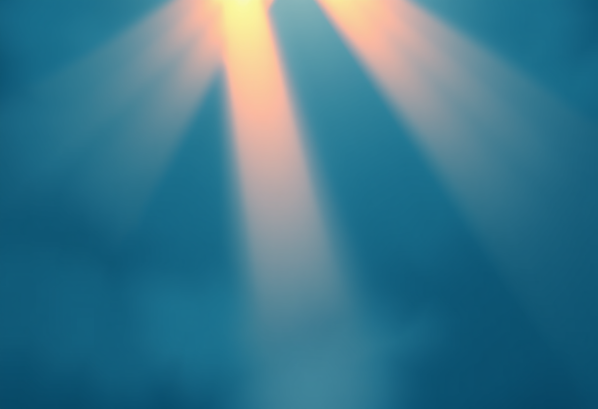 Intersecting warm light beams form a fading geometric grid in deep indigo fog, creating serene order.